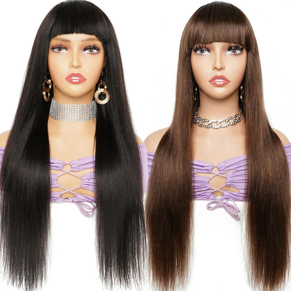 100% Human Hair Wigs Full Wig with Bang Brown Natural Black Color Long Straight Machine Made Wig with Fringe Bobbi Collection - KIMLUD