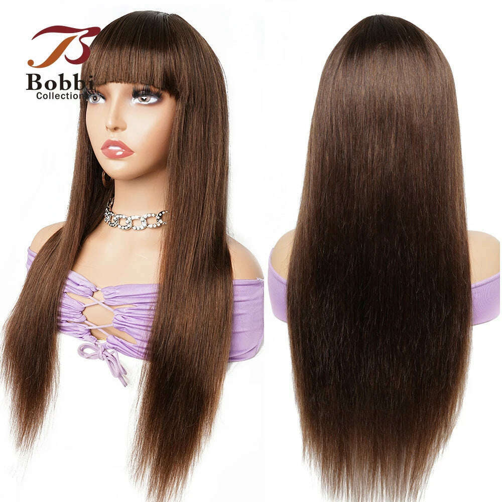 100% Human Hair Wigs Full Wig with Bang Brown Natural Black Color Long Straight Machine Made Wig with Fringe Bobbi Collection - KIMLUD