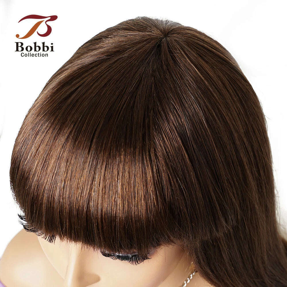 KIMLUD, 100% Human Hair Wigs Full Wig with Bang Brown Natural Black Color Long Straight Machine Made Wig with Fringe Bobbi Collection, KIMLUD Womens Clothes