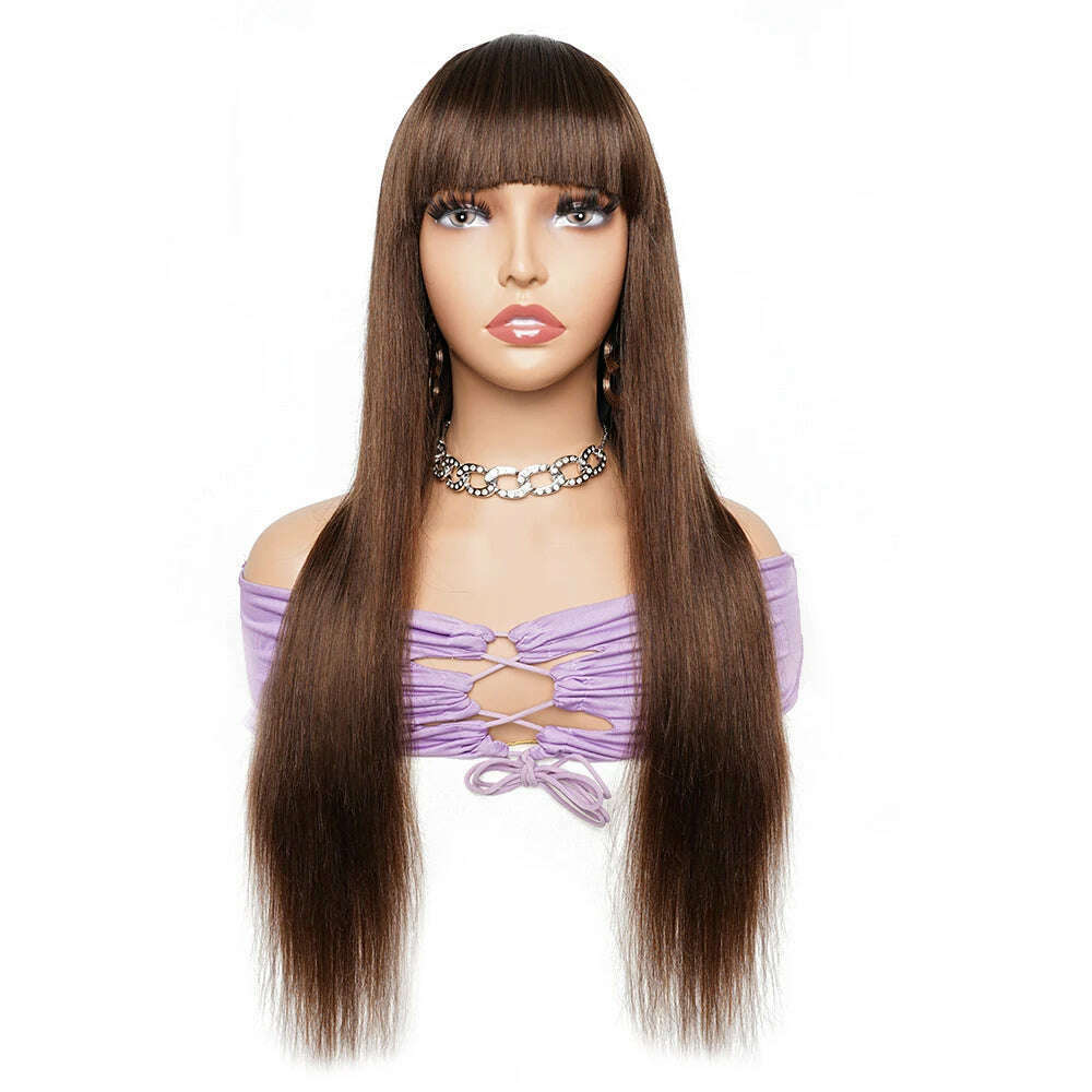 100% Human Hair Wigs Full Wig with Bang Brown Natural Black Color Long Straight Machine Made Wig with Fringe Bobbi Collection - KIMLUD