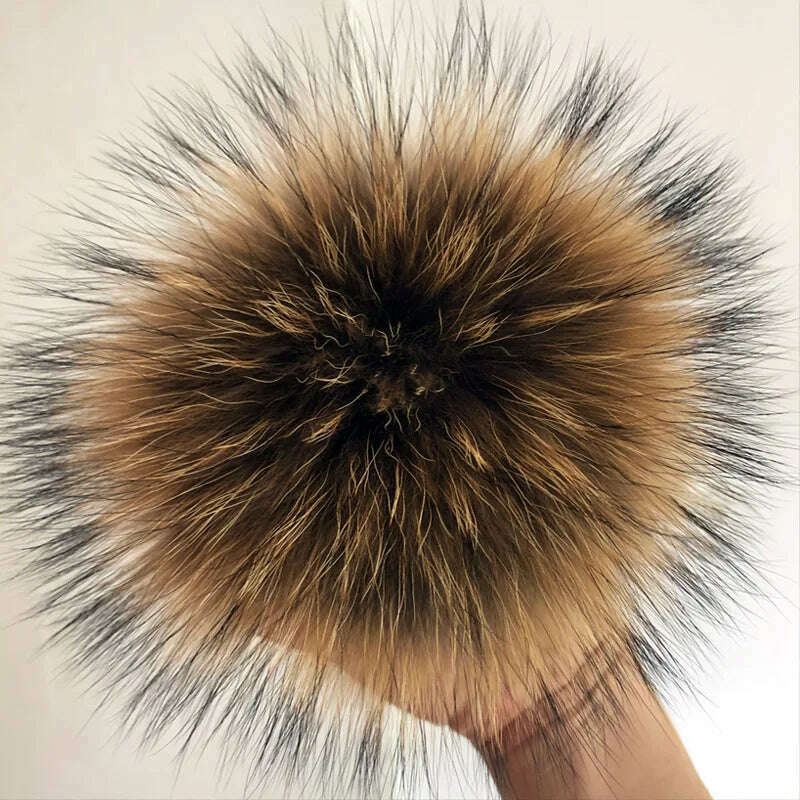 KIMLUD, 100% natural fox fur pompom raccoon fur pom  pom for hat beanies DIY Fur Pompon For Caps Bags Scarf Accessories, natural color 16cm, KIMLUD APPAREL - Womens Clothes