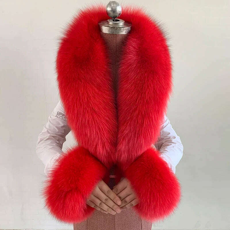 KIMLUD, 100% Natural Fox Fur Scarf And Cuff Set Women Winter Jacket Fur Collar Authentic Neck Scarves Luxury Fox Fur Warm Neck Warmers, Red / Scarf 120 cuff 13cm, KIMLUD APPAREL - Womens Clothes