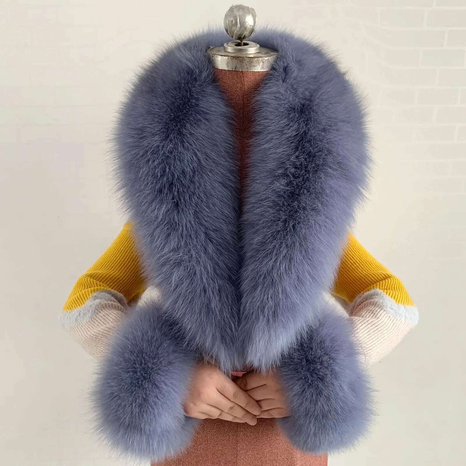 KIMLUD, 100% Natural Fox Fur Scarf And Cuff Set Women Winter Jacket Fur Collar Authentic Neck Scarves Luxury Fox Fur Warm Neck Warmers, Haze Blue / Scarf 120 cuff 13cm, KIMLUD APPAREL - Womens Clothes