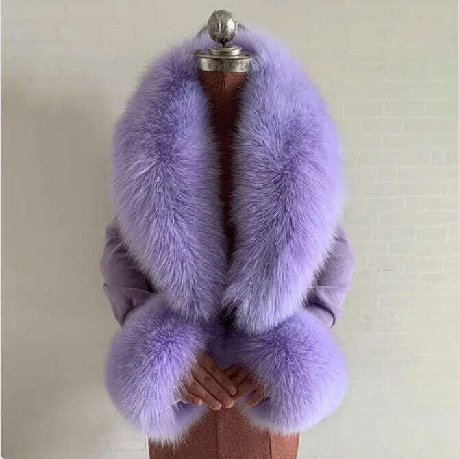 KIMLUD, 100% Natural Fox Fur Scarf And Cuff Set Women Winter Jacket Fur Collar Authentic Neck Scarves Luxury Fox Fur Warm Neck Warmers, Light purple / Scarf 120 cuff 13cm, KIMLUD APPAREL - Womens Clothes