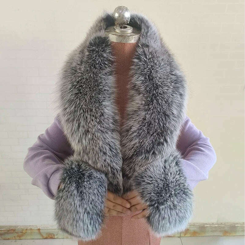 100% Natural Fox Fur Scarf And Cuff Set Women Winter Jacket Fur Collar Authentic Neck Scarves Luxury Fox Fur Warm Neck Warmers - KIMLUD