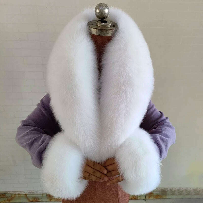 100% Natural Fox Fur Scarf And Cuff Set Women Winter Jacket Fur Collar Authentic Neck Scarves Luxury Fox Fur Warm Neck Warmers - KIMLUD