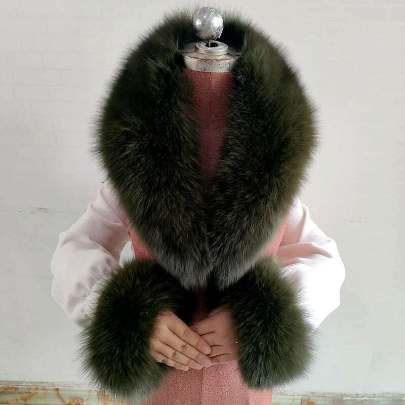 KIMLUD, 100% Natural Fox Fur Scarf And Cuff Set Women Winter Jacket Fur Collar Authentic Neck Scarves Luxury Fox Fur Warm Neck Warmers, Army green / Scarf 120 cuff 13cm, KIMLUD APPAREL - Womens Clothes