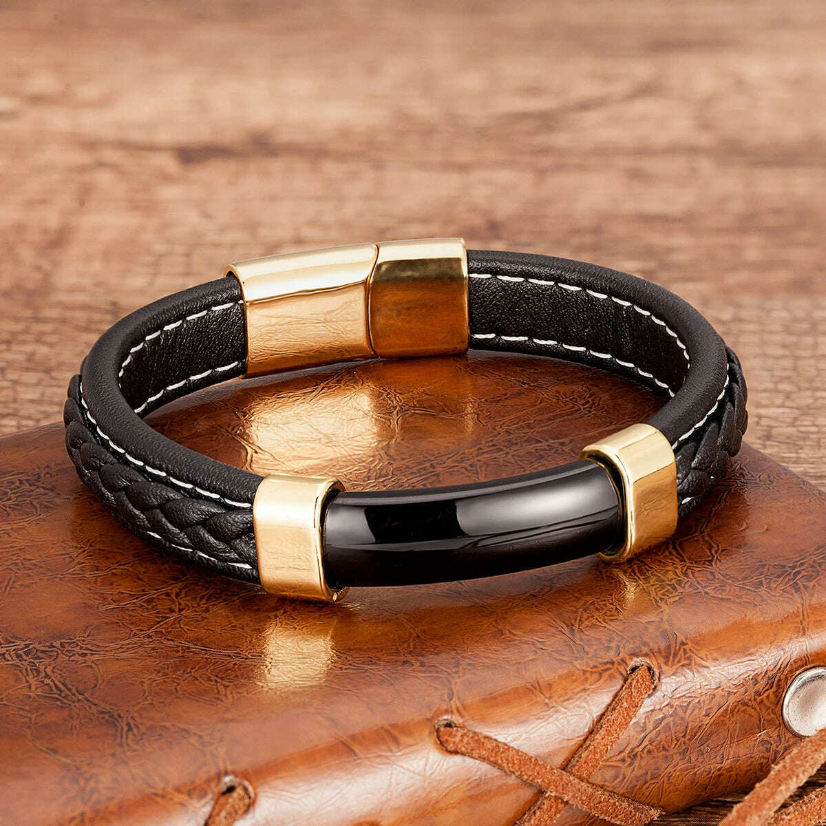 KIMLUD, 100% Natural Stone Mens Bracelet 2021 Luxury Black Genuine Leather Rope Chain Stainless Steel Magnet Clasp Male Jewelry, Black-Agate-Gold / 19cm, KIMLUD APPAREL - Womens Clothes