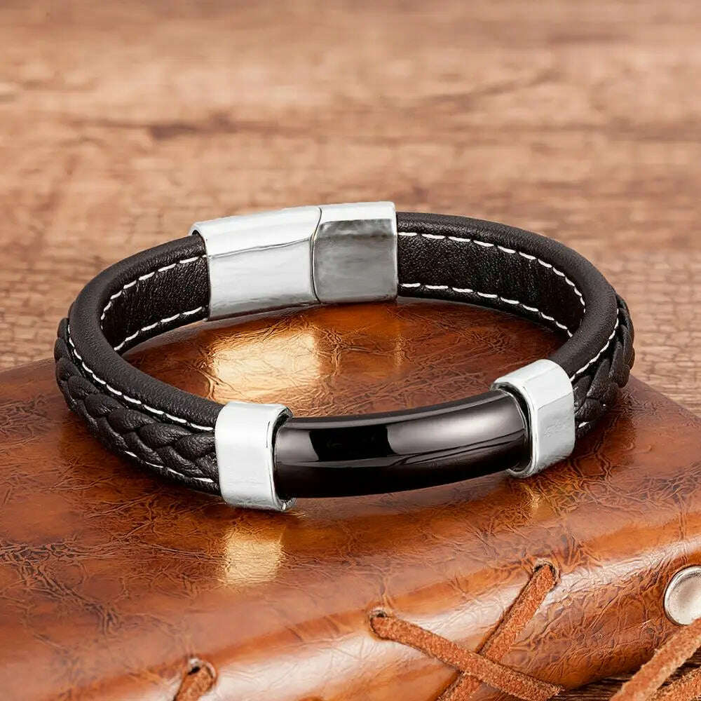 100% Natural Stone Mens Bracelet 2021 Luxury Black Genuine Leather Rope Chain Stainless Steel Magnet Clasp Male Jewelry - KIMLUD