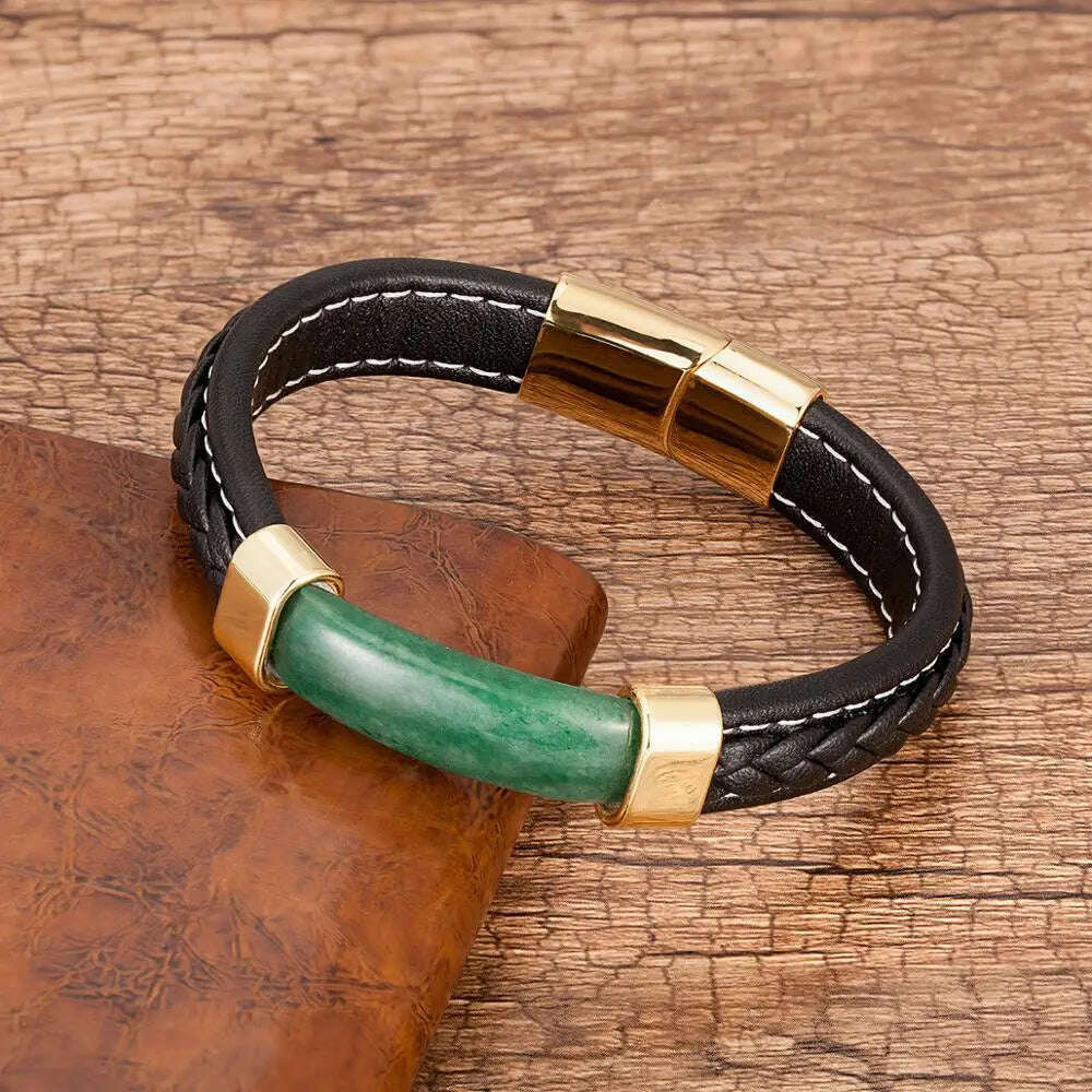 KIMLUD, 100% Natural Stone Mens Bracelet 2021 Luxury Black Genuine Leather Rope Chain Stainless Steel Magnet Clasp Male Jewelry, Aventurine-Gold / 19cm, KIMLUD APPAREL - Womens Clothes