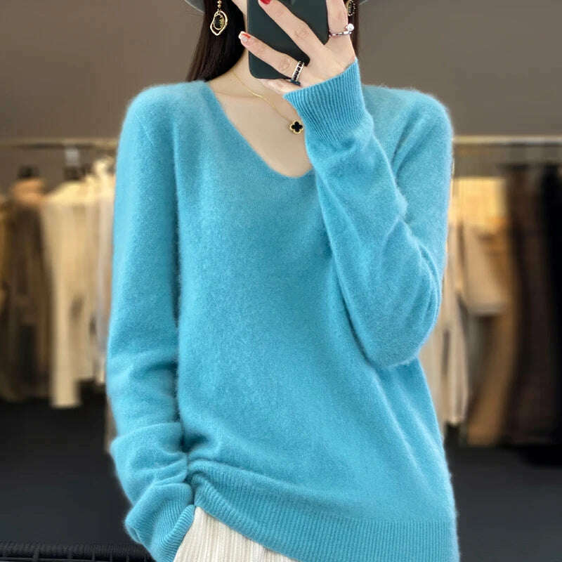 KIMLUD, 100% pure wool 2024 autumn and winter new cashmere sweater women's V-neck pullover fashion solid color long sleeve pullover, KIMLUD Womens Clothes