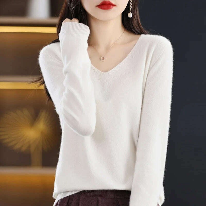 KIMLUD, 100% pure wool 2024 autumn and winter new cashmere sweater women's V-neck pullover fashion solid color long sleeve pullover, WHITE / XXL 135-150g, KIMLUD APPAREL - Womens Clothes