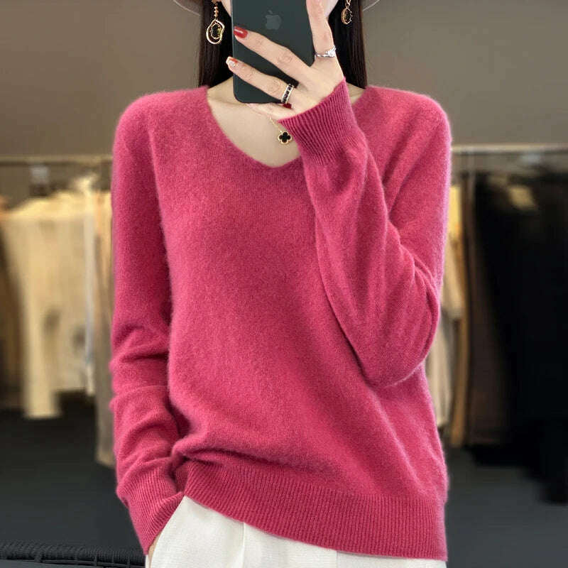 KIMLUD, 100% pure wool 2024 autumn and winter new cashmere sweater women's V-neck pullover fashion solid color long sleeve pullover, Rose Red / XL  125-135g, KIMLUD APPAREL - Womens Clothes