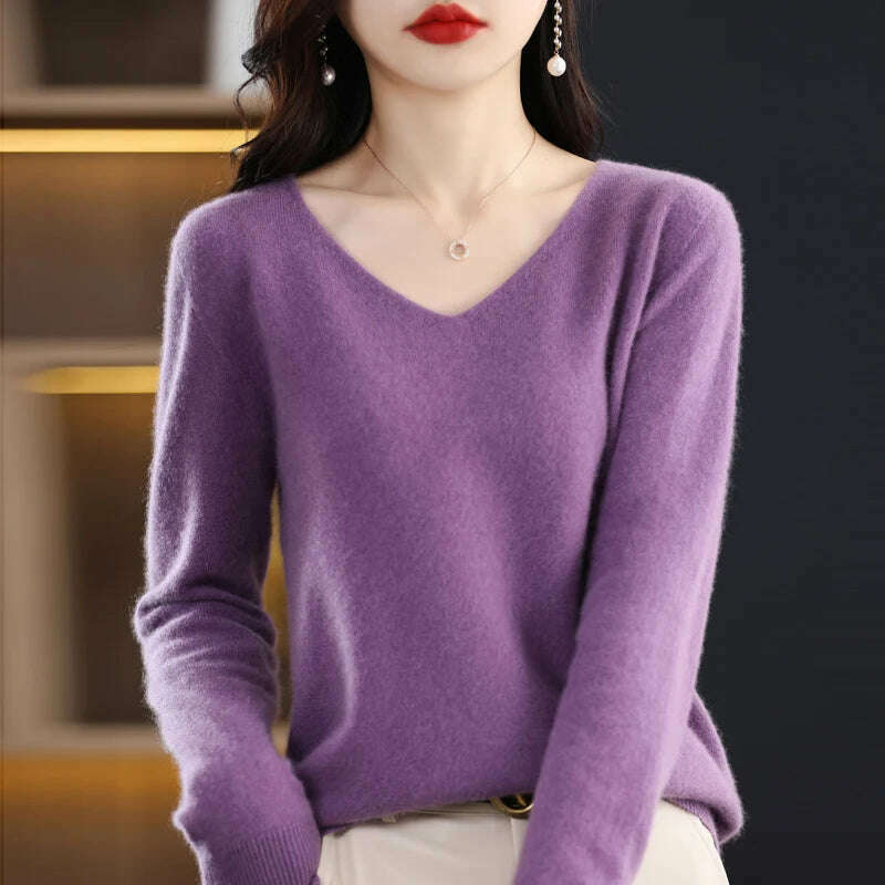 KIMLUD, 100% pure wool 2024 autumn and winter new cashmere sweater women's V-neck pullover fashion solid color long sleeve pullover, Violet / XXL 135-150g, KIMLUD APPAREL - Womens Clothes