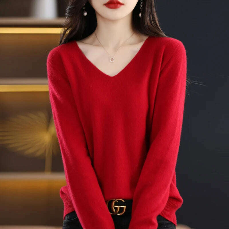 KIMLUD, 100% pure wool 2024 autumn and winter new cashmere sweater women's V-neck pullover fashion solid color long sleeve pullover, Red / S 80-95g, KIMLUD APPAREL - Womens Clothes