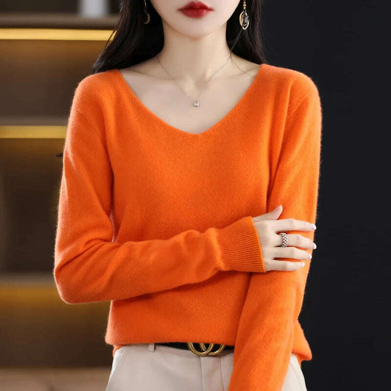 KIMLUD, 100% pure wool 2024 autumn and winter new cashmere sweater women's V-neck pullover fashion solid color long sleeve pullover, Orange / XL  125-135g, KIMLUD APPAREL - Womens Clothes