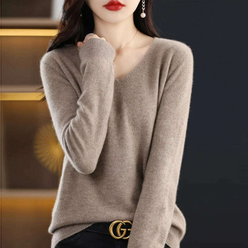 KIMLUD, 100% pure wool 2024 autumn and winter new cashmere sweater women's V-neck pullover fashion solid color long sleeve pullover, camel / XL  125-135g, KIMLUD APPAREL - Womens Clothes