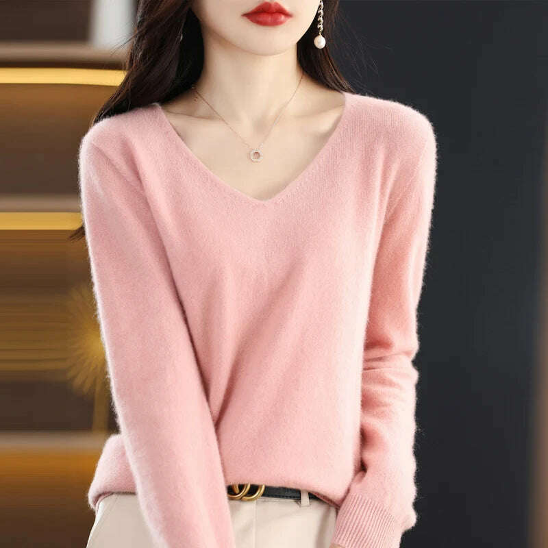 KIMLUD, 100% pure wool 2024 autumn and winter new cashmere sweater women's V-neck pullover fashion solid color long sleeve pullover, Pink / XL  125-135g, KIMLUD APPAREL - Womens Clothes