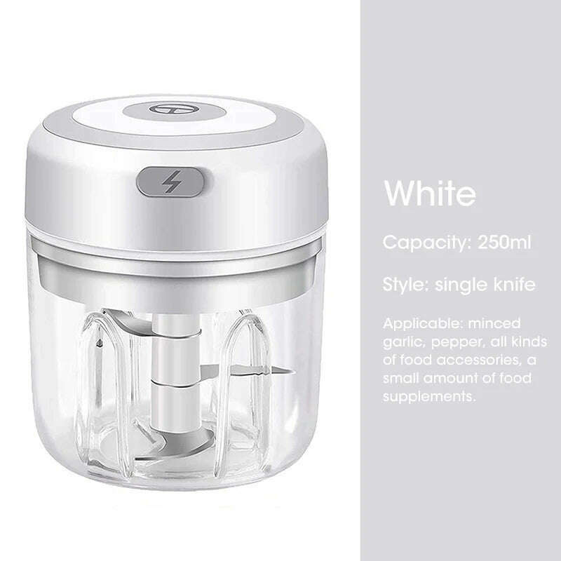 KIMLUD, 100/300mL Mini Electric Garlic Chopper USB Charging Ginger Masher Machine Sturdy Durable Chili Vegetable Crusher Kitchen Tool, 250ml white, KIMLUD APPAREL - Womens Clothes