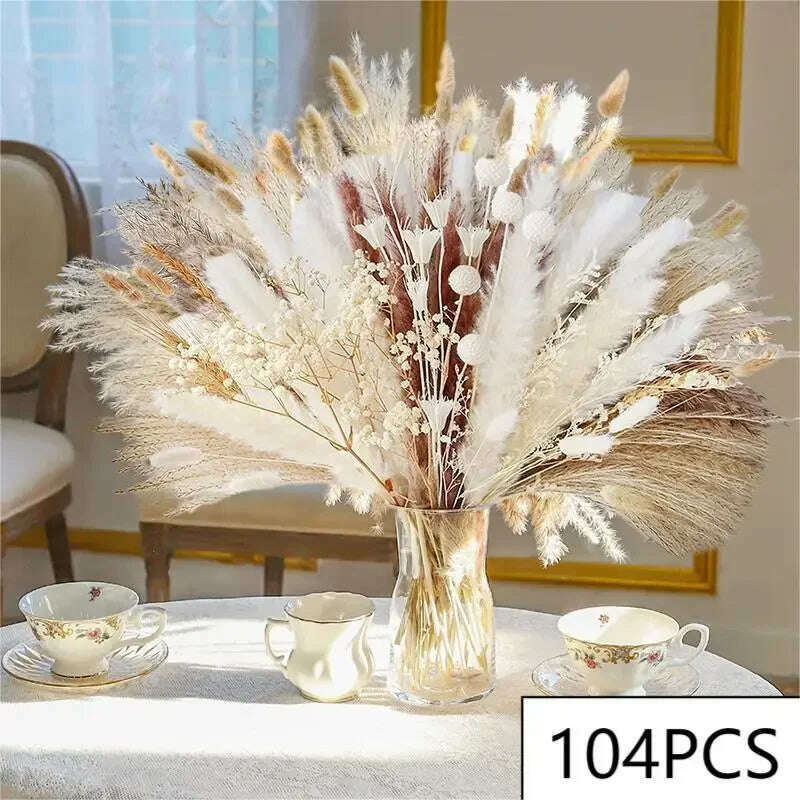 KIMLUD, 105pcs Natural Dried Flowers Pampas Floral Bouquet Boho Country Home Decoration Rabbit Tail Grass Reed Wedding Decor Arrangement, KIMLUD Womens Clothes