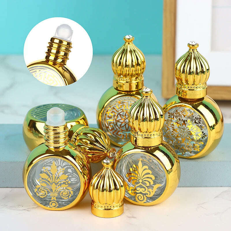 10ml Mini Essential Oil Roller Bottle Gold Crown Shape Perfume Bottling Portable Travel Electroplated Carve Glass Empty Bottle - KIMLUD