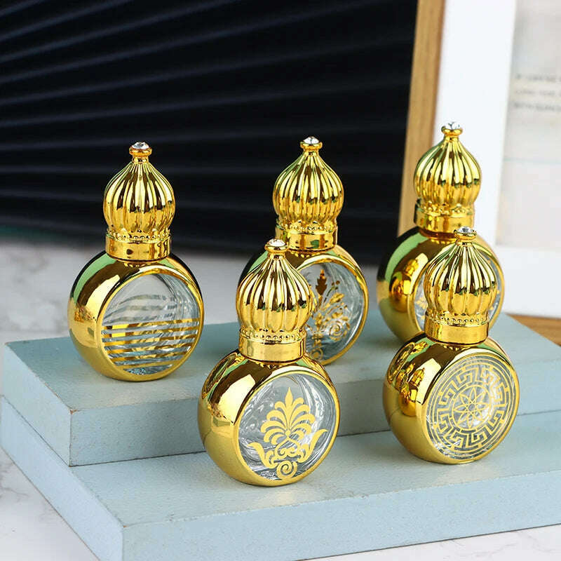 10ml Mini Essential Oil Roller Bottle Gold Crown Shape Perfume Bottling Portable Travel Electroplated Carve Glass Empty Bottle - KIMLUD