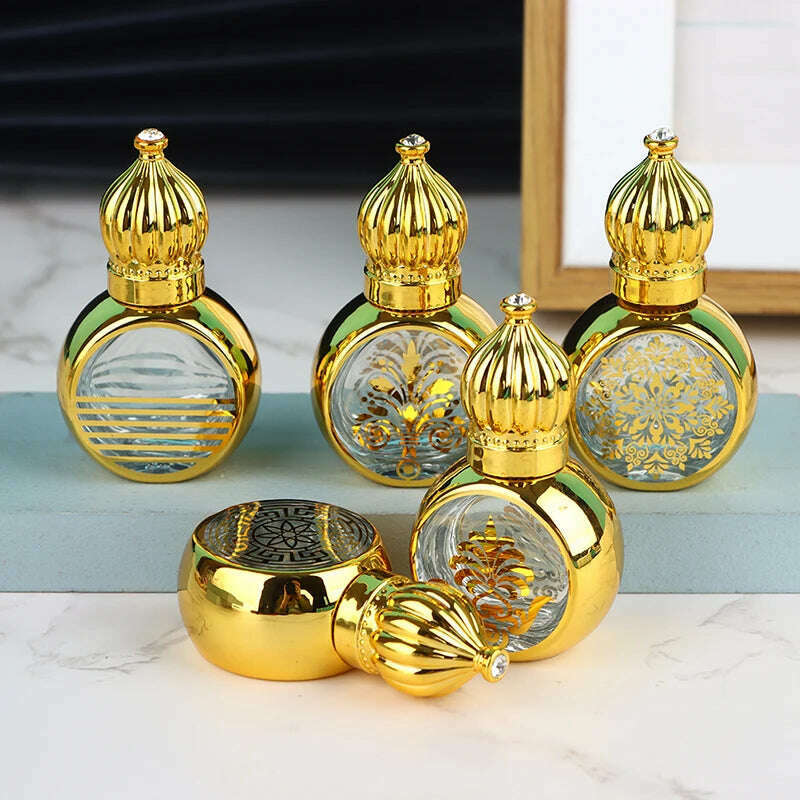 10ml Mini Essential Oil Roller Bottle Gold Crown Shape Perfume Bottling Portable Travel Electroplated Carve Glass Empty Bottle - KIMLUD