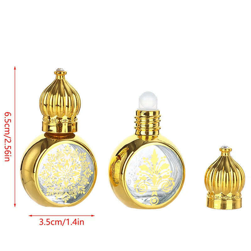 10ml Mini Essential Oil Roller Bottle Gold Crown Shape Perfume Bottling Portable Travel Electroplated Carve Glass Empty Bottle - KIMLUD