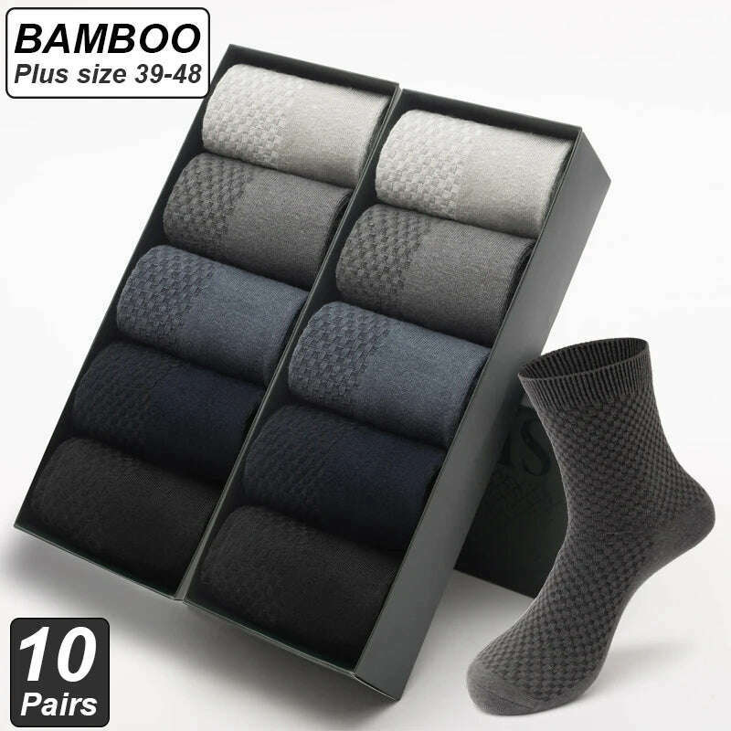 10Pairs/Lot Men's Bamboo Fiber Socks Long Black Business Soft Breathable New High Quality Autumn for Male Socks Plus Size 39-48 - KIMLUD