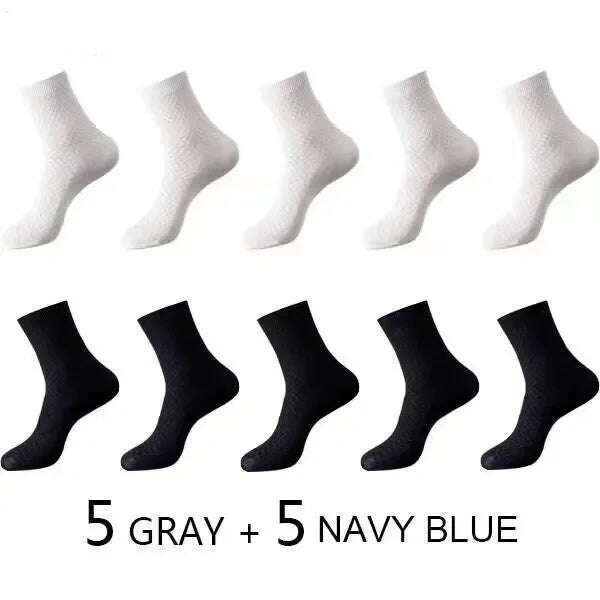 KIMLUD, 10Pairs/Men's Bamboo Fiber Socks Classic Business Office Stockings Breathable Deodorant Feet Men's Dress Socks Plus-size EU39-45, 5Grey 5Navy Blue / EU39-45, KIMLUD APPAREL - Womens Clothes