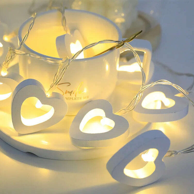 KIMLUD, 10pcs Valentine's Day Wooden Heart String Lights Fairy Light Hanging Lamp Valentines Wedding Birthday party room Decoration, white light, KIMLUD APPAREL - Womens Clothes