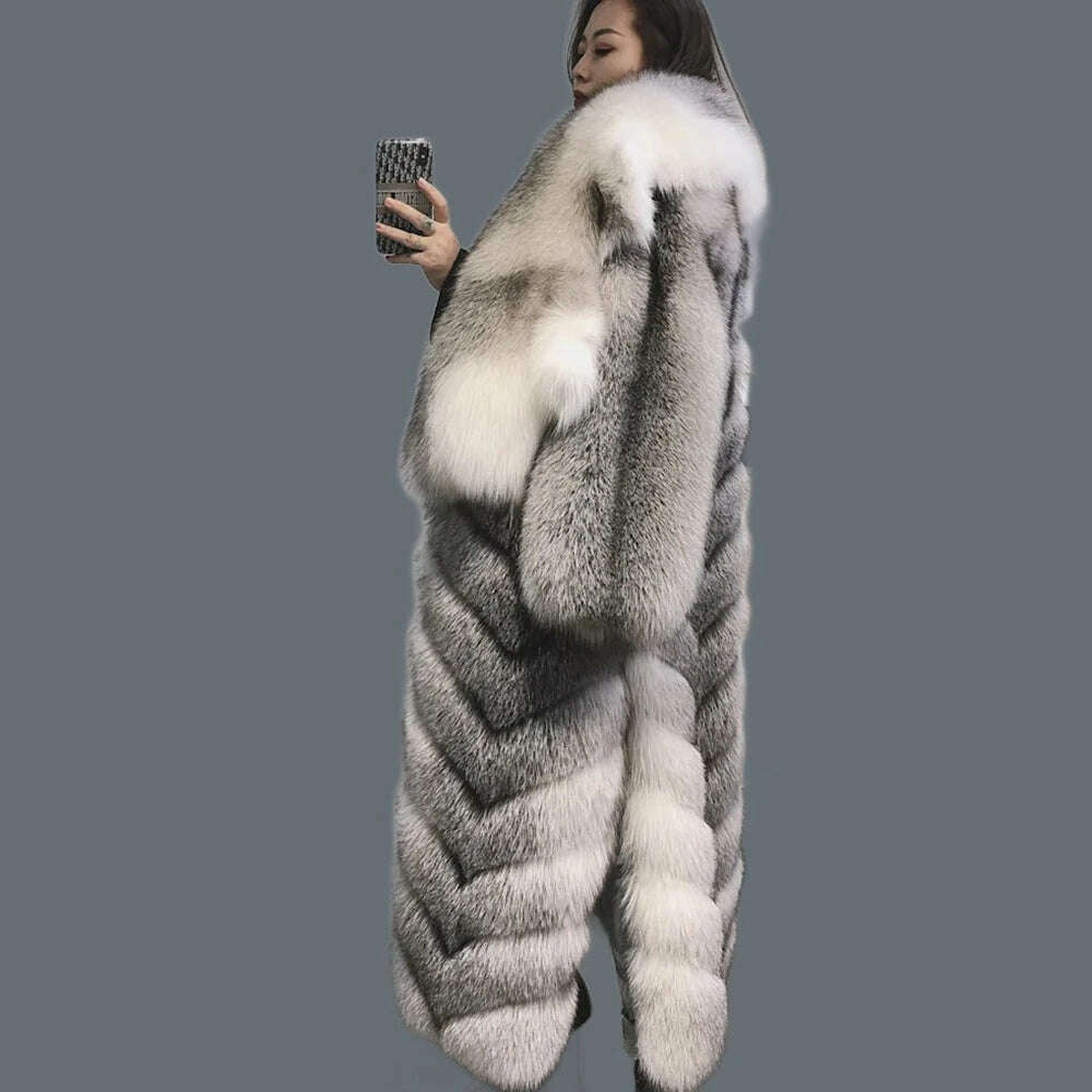 KIMLUD, 110cm Length Natural Fur Coat Genuine Fox Fur Diagonal Stripes Coats With Laper Collar 2023 Winter Fashion Luxurious Women Coat, KIMLUD Womens Clothes