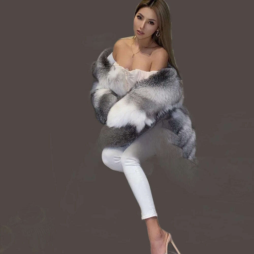 KIMLUD, 110cm Length Natural Fur Coat Genuine Fox Fur Diagonal Stripes Coats With Laper Collar 2023 Winter Fashion Luxurious Women Coat, KIMLUD Womens Clothes