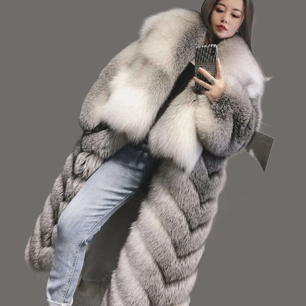 KIMLUD, 110cm Length Natural Fur Coat Genuine Fox Fur Diagonal Stripes Coats With Laper Collar 2023 Winter Fashion Luxurious Women Coat, KIMLUD Womens Clothes