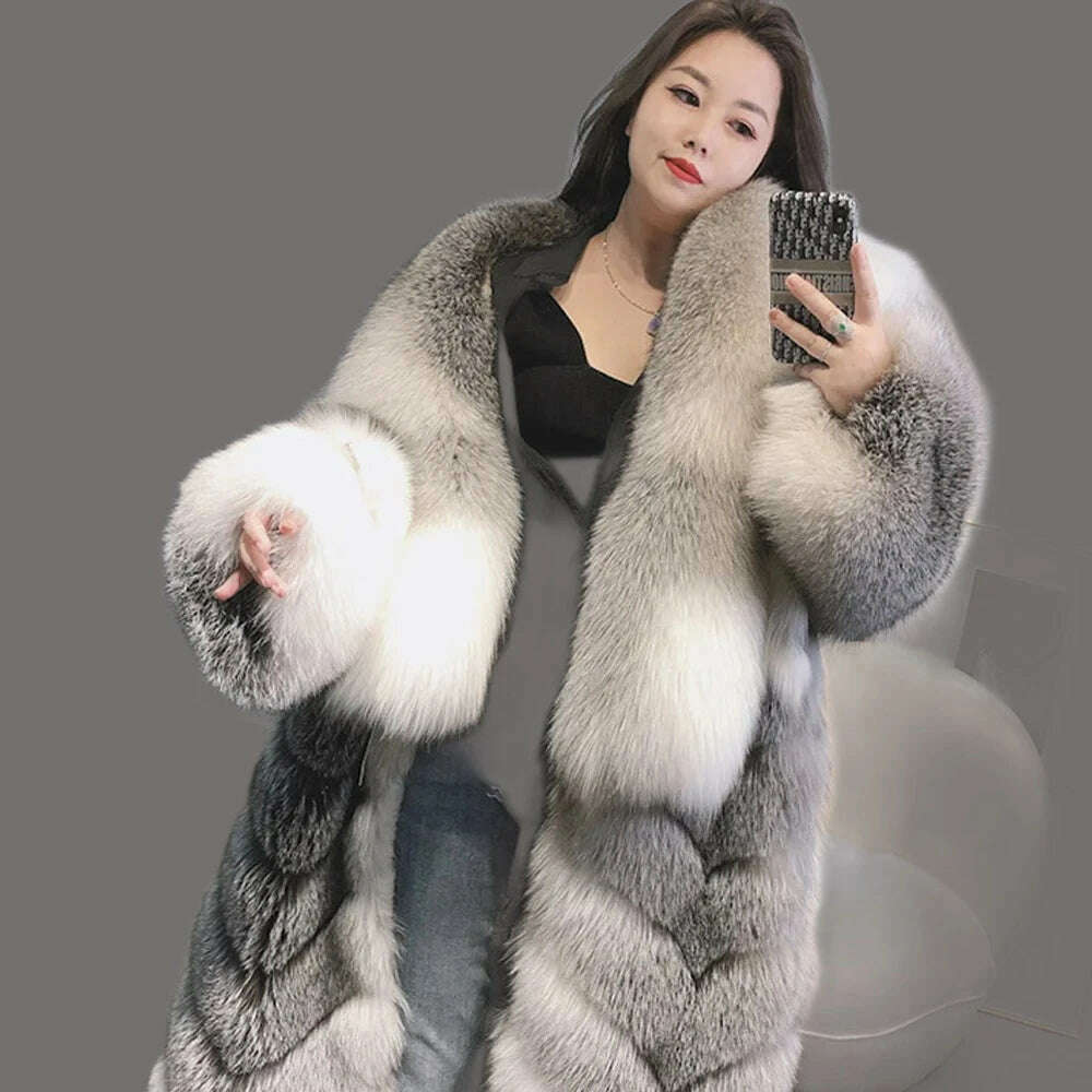 KIMLUD, 110cm Length Natural Fur Coat Genuine Fox Fur Diagonal Stripes Coats With Laper Collar 2023 Winter Fashion Luxurious Women Coat, KIMLUD Womens Clothes