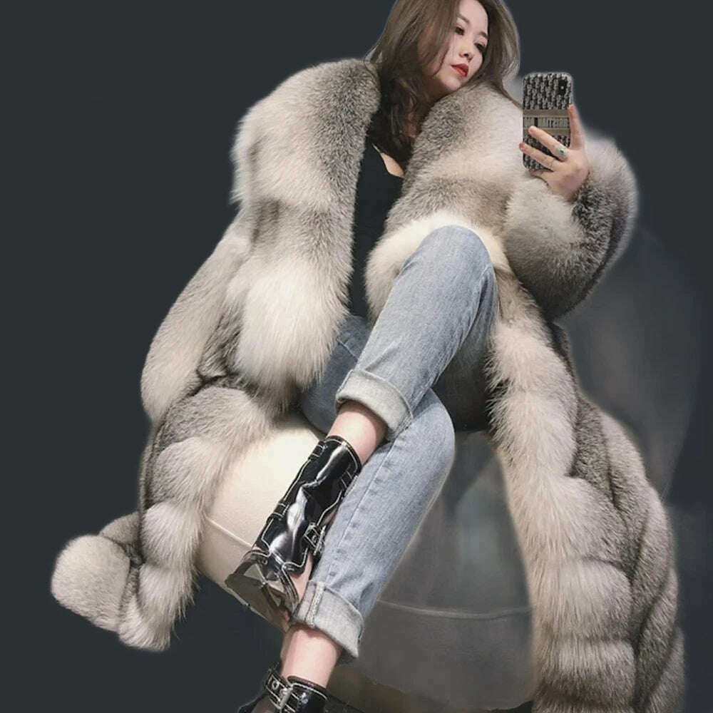 KIMLUD, 110cm Length Natural Fur Coat Genuine Fox Fur Diagonal Stripes Coats With Laper Collar 2023 Winter Fashion Luxurious Women Coat, KIMLUD Womens Clothes