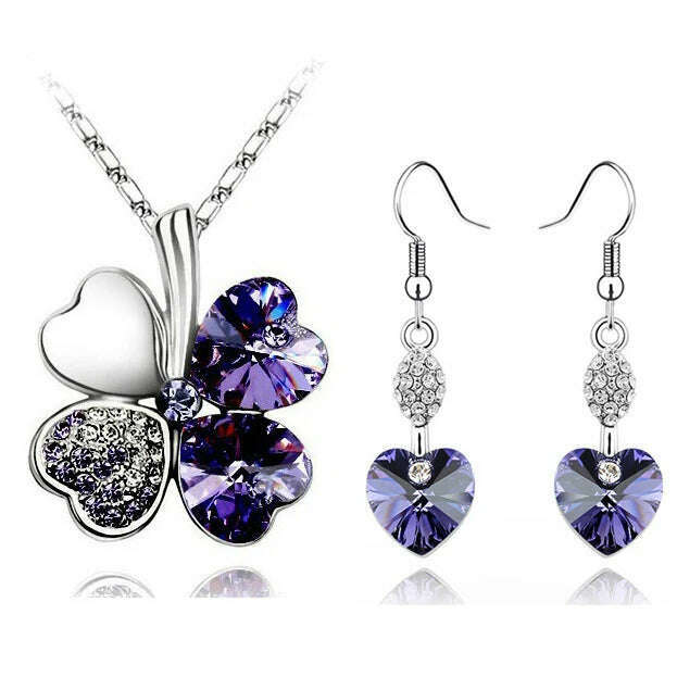 KIMLUD, 11.11 Sales Everyday Jewelry Set Lucky Silver Color Clovers Necklace Heart Austrian Crystal Earrings Fashion Necklace Set, Dark purple, KIMLUD APPAREL - Womens Clothes