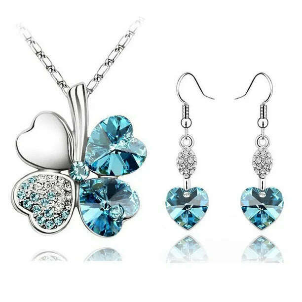 KIMLUD, 11.11 Sales Everyday Jewelry Set Lucky Silver Color Clovers Necklace Heart Austrian Crystal Earrings Fashion Necklace Set, Oceanblue, KIMLUD APPAREL - Womens Clothes