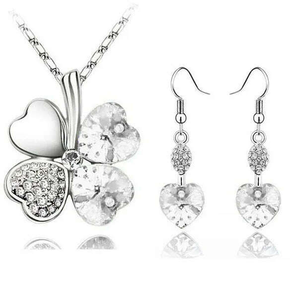 KIMLUD, 11.11 Sales Everyday Jewelry Set Lucky Silver Color Clovers Necklace Heart Austrian Crystal Earrings Fashion Necklace Set, white, KIMLUD APPAREL - Womens Clothes