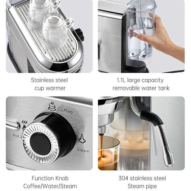 KIMLUD, 1.1L Coffee Maker Cafetera 19 Bar Inox Semi Automatic Super Slim ESE POD& Powder Espresso Cappuccino Machine Hot Water H11, KIMLUD Womens Clothes