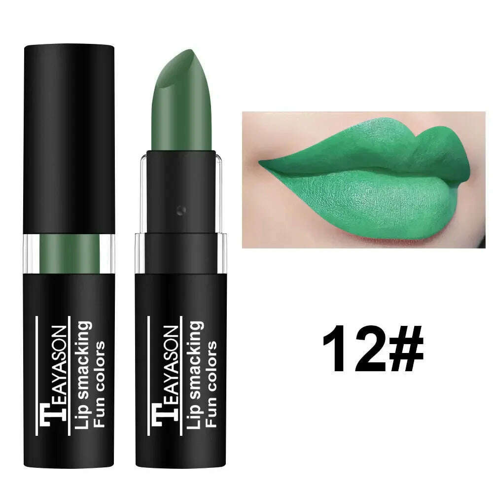 KIMLUD, 12 Colors Blue Black White Vampire Color Matte Lipstick Waterproof Retro Dark Color Lipsticks Holloween Party Makeup Cosmetics, 12, KIMLUD APPAREL - Womens Clothes