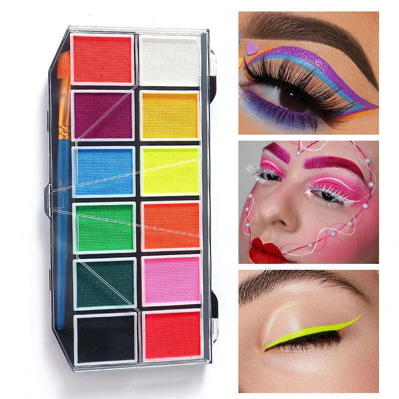 12 Colours Water-Soluble Rainbow Palette Children's Face Body Paint, Halloween Stage Makeup Body Paint Pigments Face Makeup - KIMLUD