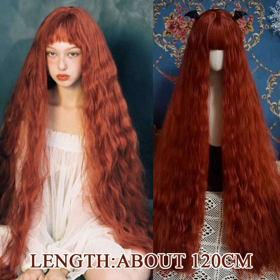 120cm Long Wavy Hair Synthetic Wigs Female Red Brown Coaplay Lolita Wig With Bangs Natural Hair Wigs Women Heat Fesistant Fiber - KIMLUD