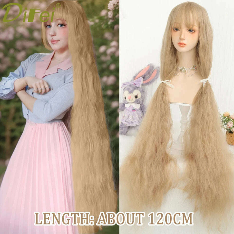 120cm Long Wavy Hair Synthetic Wigs Female Red Brown Coaplay Lolita Wig With Bangs Natural Hair Wigs Women Heat Fesistant Fiber - KIMLUD