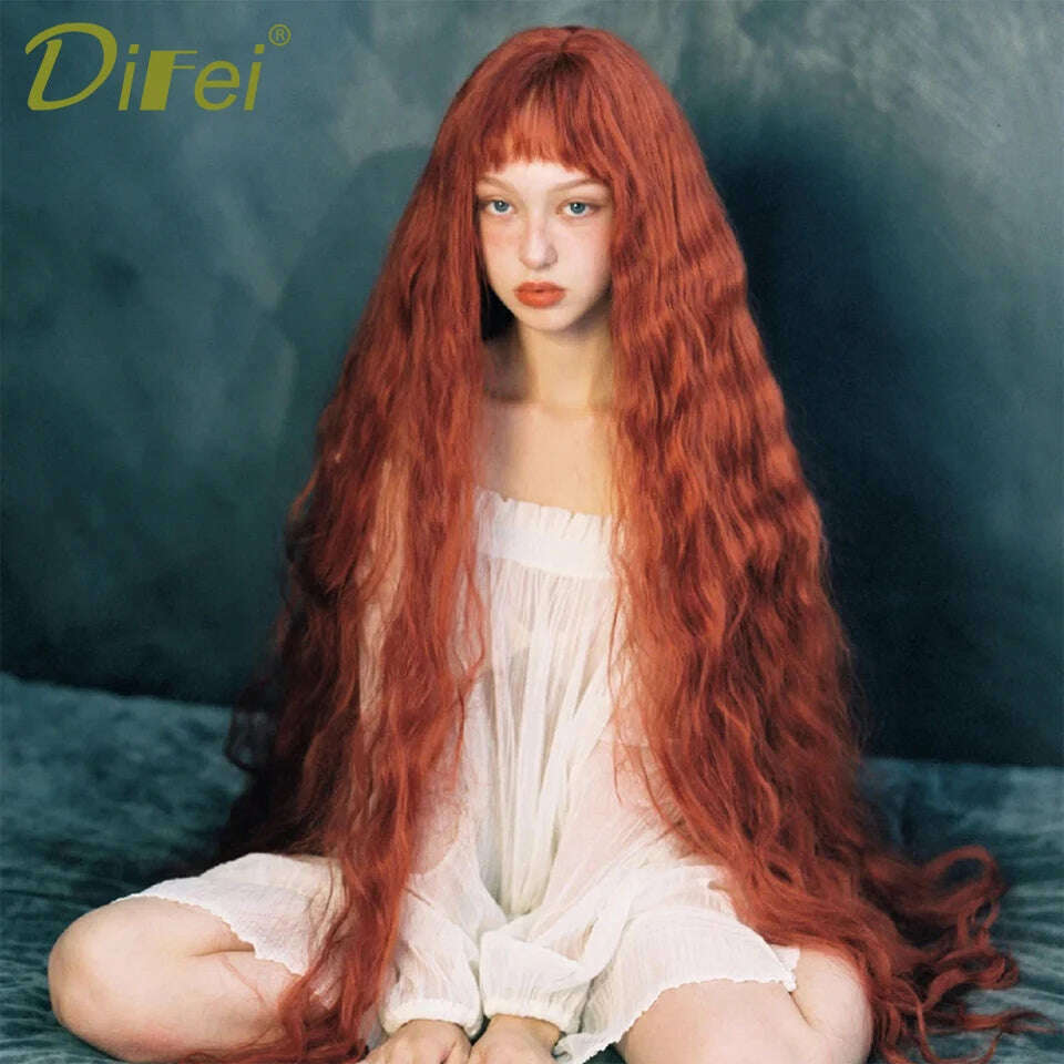 120cm Long Wavy Hair Synthetic Wigs Female Red Brown Coaplay Lolita Wig With Bangs Natural Hair Wigs Women Heat Fesistant Fiber - KIMLUD