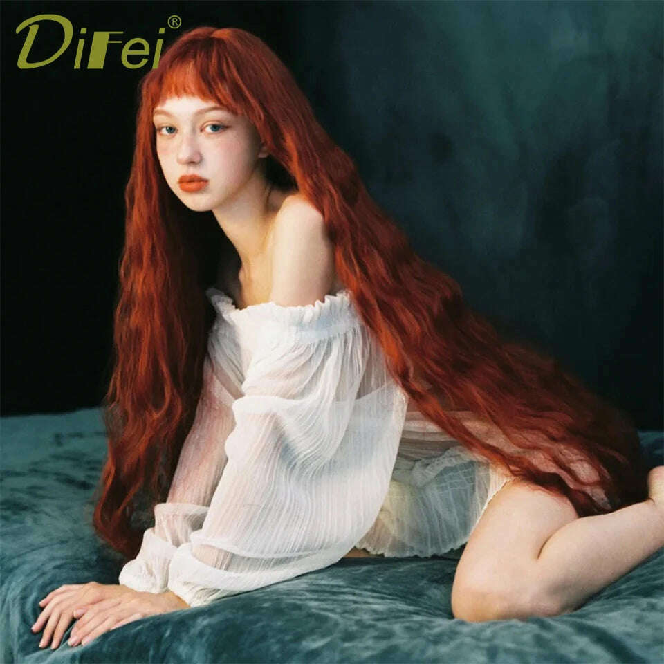 120cm Long Wavy Hair Synthetic Wigs Female Red Brown Coaplay Lolita Wig With Bangs Natural Hair Wigs Women Heat Fesistant Fiber - KIMLUD