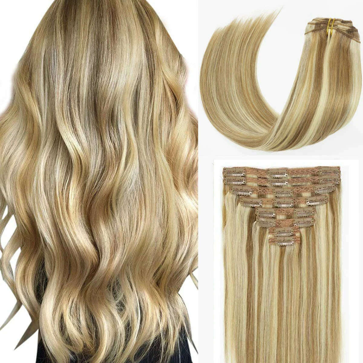 KIMLUD, 120G Clip In Hair Extension Human Hair Color P8/613 Straight Brazilian 100% Human Hair Extension Clip In 8 Pieces/Sets Full Head, P8-613 / 120g/Set / 16inches, KIMLUD APPAREL - Womens Clothes