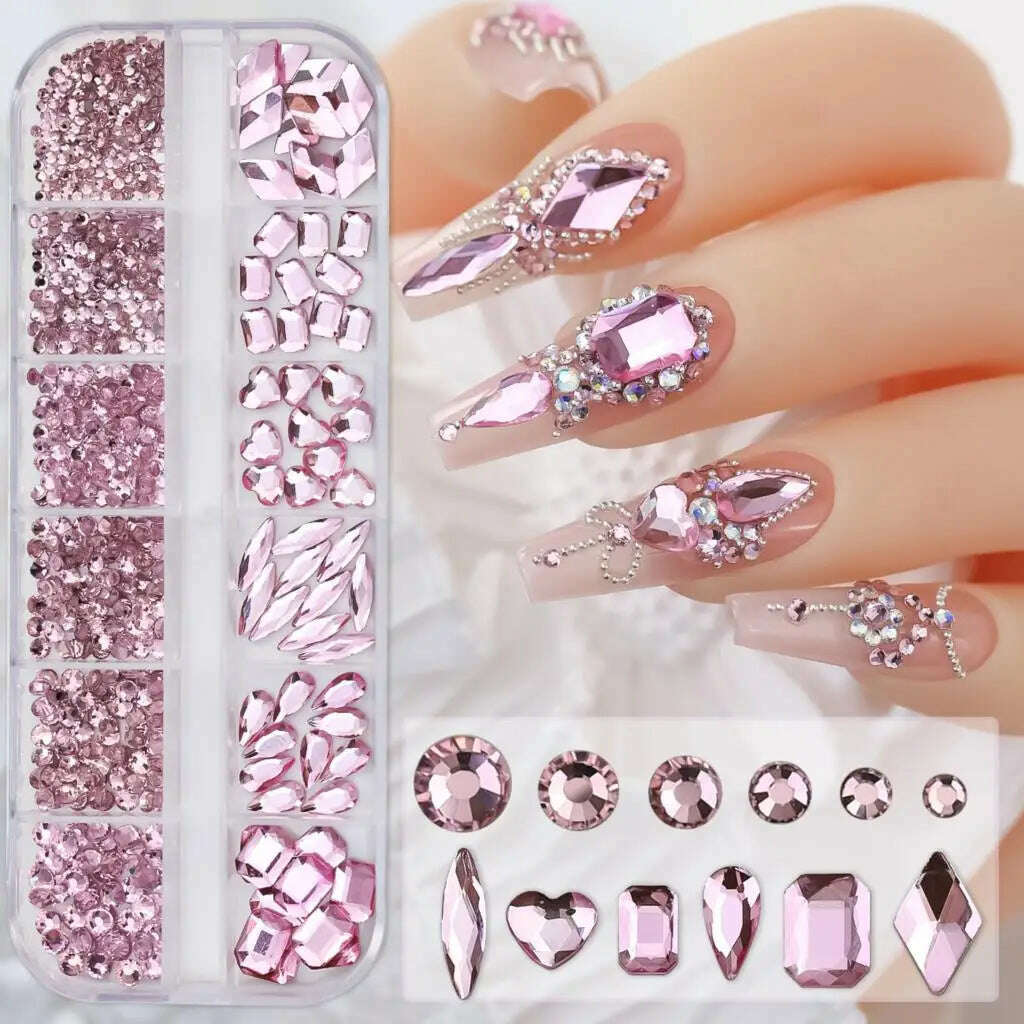 12Grids Pink Mixed Nail Rhinestones Luxury Nail Charms Glitter Crystal Jewelry Gems Nail Art Decoration Manicure Rhinestones R#Q - KIMLUD