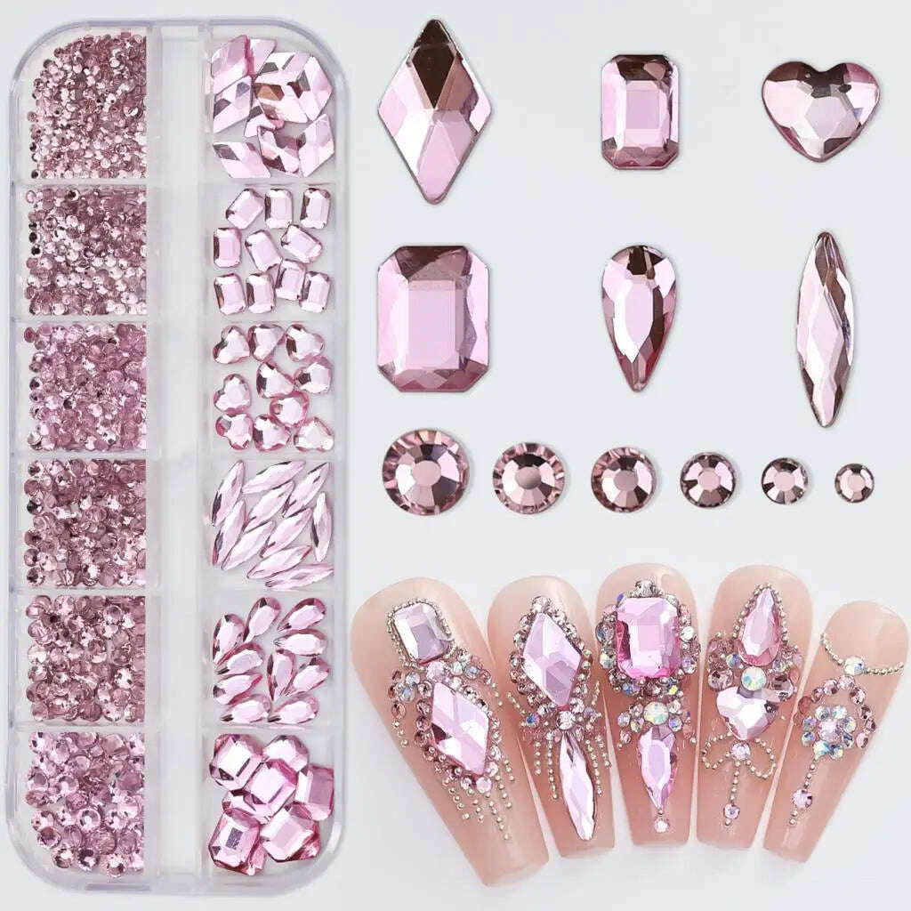 KIMLUD, 12Grids Pink Mixed Nail Rhinestones Luxury Nail Charms Glitter Crystal Jewelry Gems Nail Art Decoration Manicure Rhinestones R#Q, PH192-4, KIMLUD APPAREL - Womens Clothes