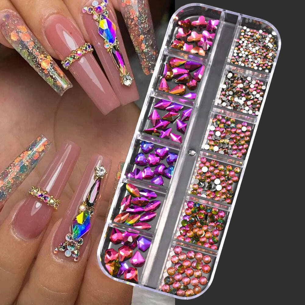 KIMLUD, 12Grids Pink Mixed Nail Rhinestones Luxury Nail Charms Glitter Crystal Jewelry Gems Nail Art Decoration Manicure Rhinestones R#Q, PH140-01, KIMLUD APPAREL - Womens Clothes